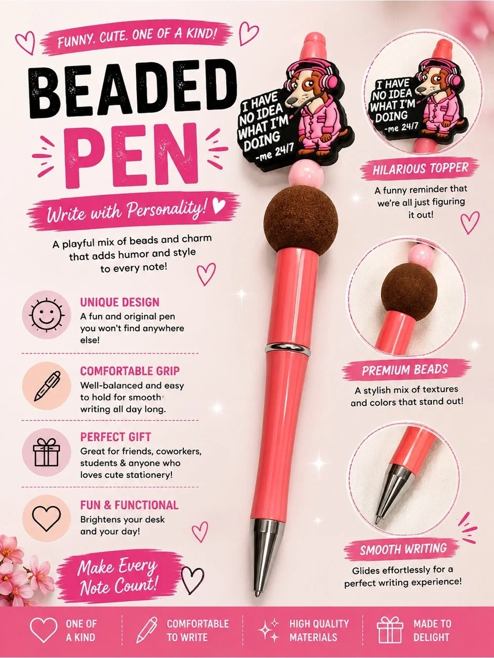 Hand Crafted Pink Beaded Pen with Brown Accent
